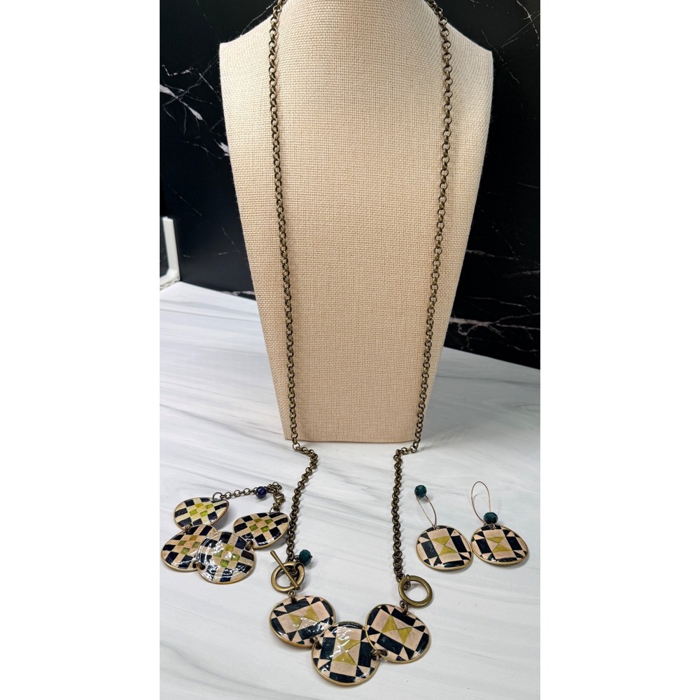 Artisan Decoupage Necklace Bracelet Earrings Set Geometric Brass Tone Handmade
